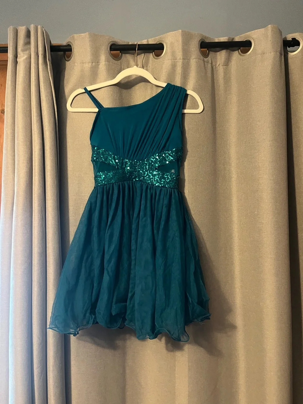 Weissman Teal One-Shoulder Sequin Waist Dance Dress